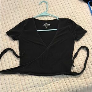 Hollister Black Short Sleeve Wrap Crop Blouse